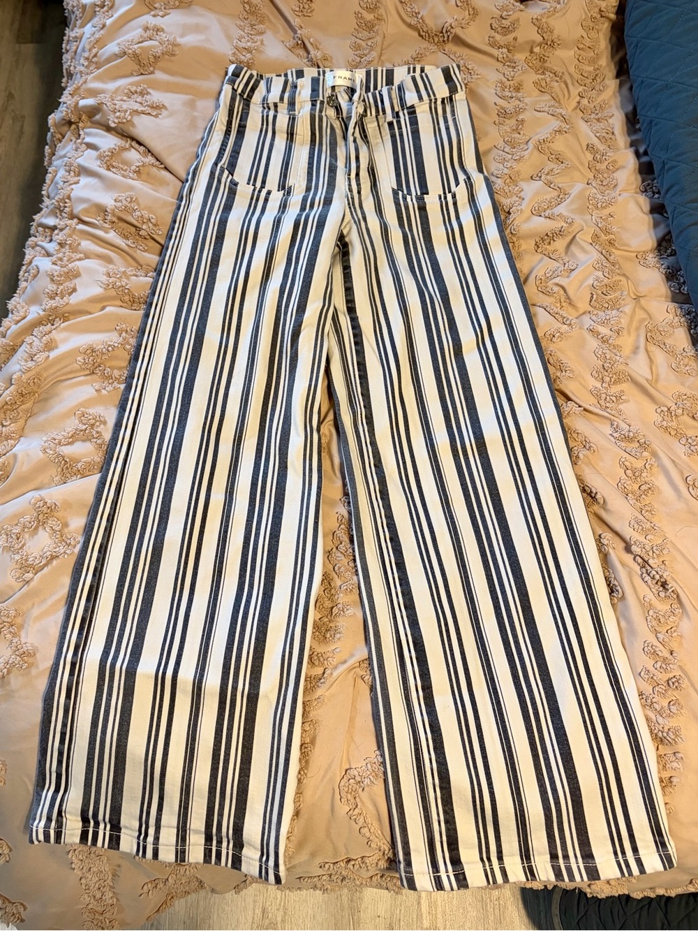 Frame Le Slim Palazzo Wide Leg Denim Navy and White Striped High-Rise Pants